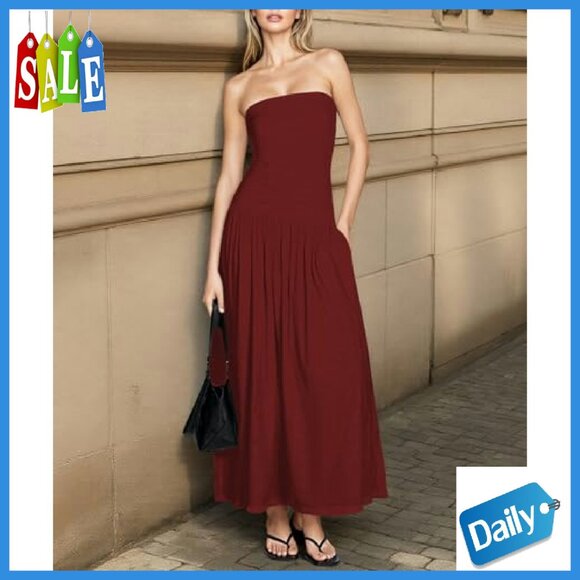 Strapless Ruched High Waist Long Floral Dress Off Shoulder Backless - Picture 5 of 7